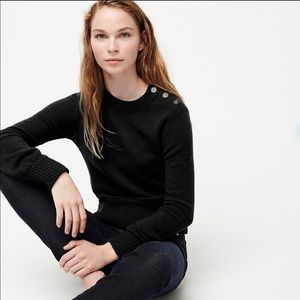 J.Crew Black Wool Blend Cropped Crewneck Sweater With Button Shoulder Detail